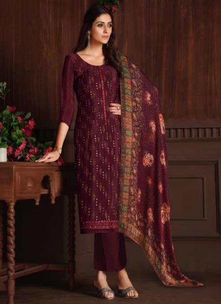 Maroon Colour Fancy Designer Festive Wear Chinnon Embroidery Work Salwar Suit Collection 4782